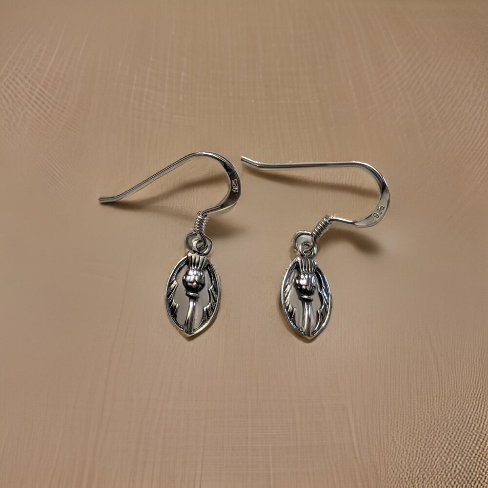 Brand New 925 Solid Sterling Silver Hanging Hook Thistle Scottish Earrings